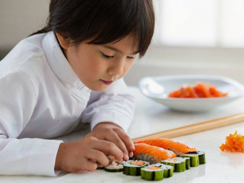 ребенок делает суши